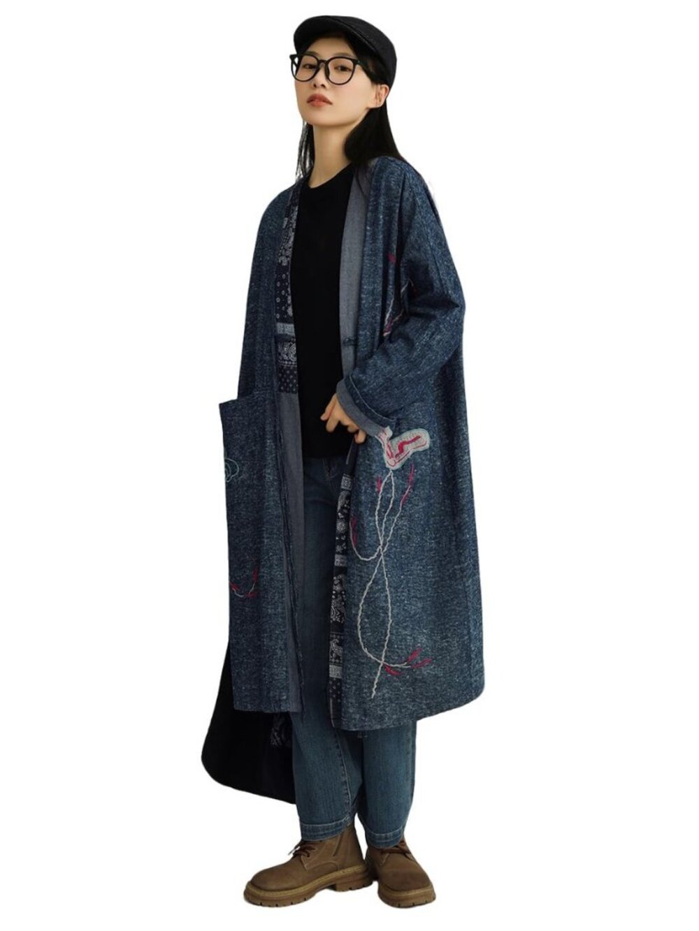 Boho Casual Women’s Denim Blue Cotton Long Cardigan Coat with Patchwork